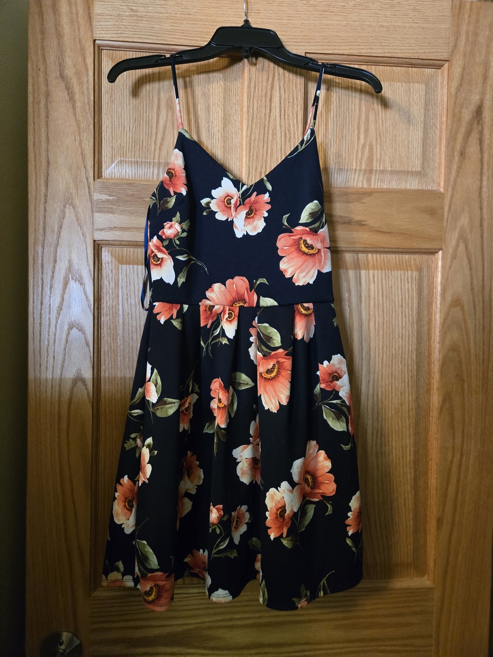 Floral Spaghetti Strap Fit-and-Flare Dress - Black with Coral Flowers
